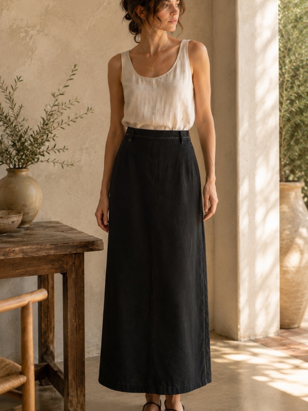 Conrad C Black Linen Blend Contrast Stitch Maxi Skirt Y2K 14